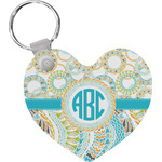 Teal Circles & Stripes Heart Plastic Keychain w/ Monogram