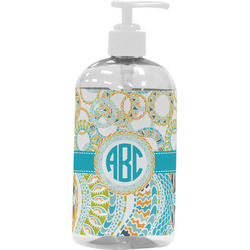 Teal Circles & Stripes Plastic Soap / Lotion Dispenser (16 oz - Large - White) (Personalized)