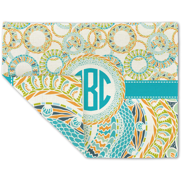 Custom Teal Circles & Stripes Double-Sided Linen Placemat - Single w/ Monogram