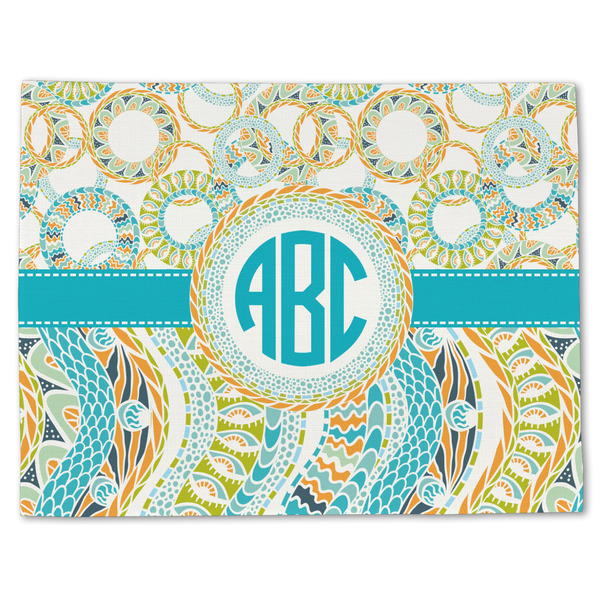 Custom Teal Circles & Stripes Single-Sided Linen Placemat - Single w/ Monogram