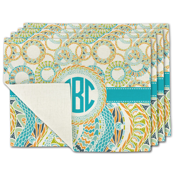 Custom Teal Circles & Stripes Single-Sided Linen Placemat - Set of 4 w/ Monogram