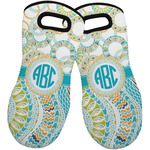 Teal Circles & Stripes Neoprene Oven Mitts - Set of 2 w/ Monogram