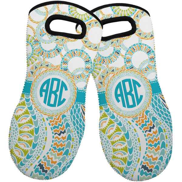 Custom Teal Circles & Stripes Neoprene Oven Mitts - Set of 2 w/ Monogram