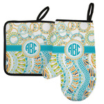 Teal Circles & Stripes Left Oven Mitt & Pot Holder Set w/ Monogram