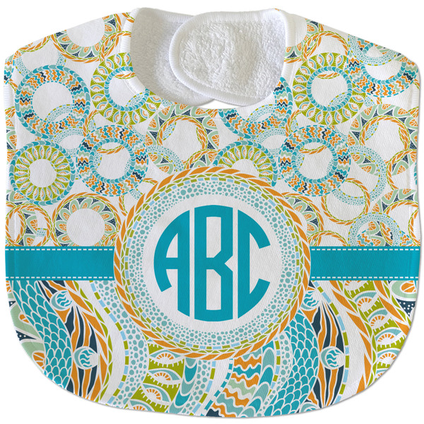 Custom Teal Circles & Stripes Velour Baby Bib w/ Monogram