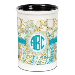 Teal Circles & Stripes Ceramic Pencil Holders - Black