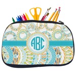 Teal Circles & Stripes Neoprene Pencil Case - Medium w/ Monogram