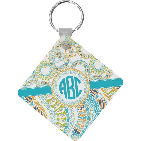 Custom Teal Circles & Stripes Diamond Plastic Keychain w/ Monogram