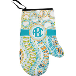 Teal Circles & Stripes Right Oven Mitt w/ Monogram