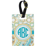 Teal Circles & Stripes Plastic Luggage Tag - Rectangular w/ Monogram