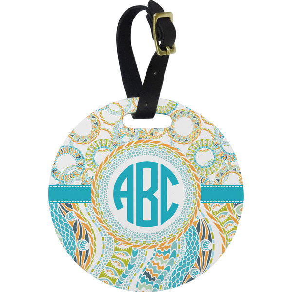 Custom Teal Circles & Stripes Plastic Luggage Tag - Round (Personalized)