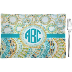 Teal Circles & Stripes Rectangular Glass Appetizer / Dessert Plate - Single or Set (Personalized)