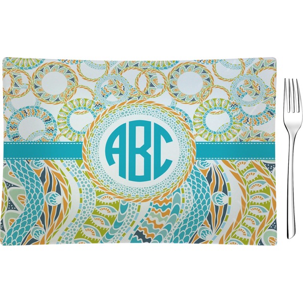 Custom Teal Circles & Stripes Rectangular Glass Appetizer / Dessert Plate - Single or Set (Personalized)