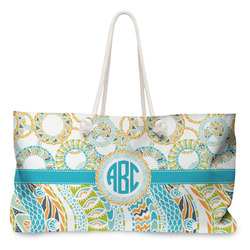 Teal Circles & Stripes Large Tote Bag with Rope Handles (Personalized)