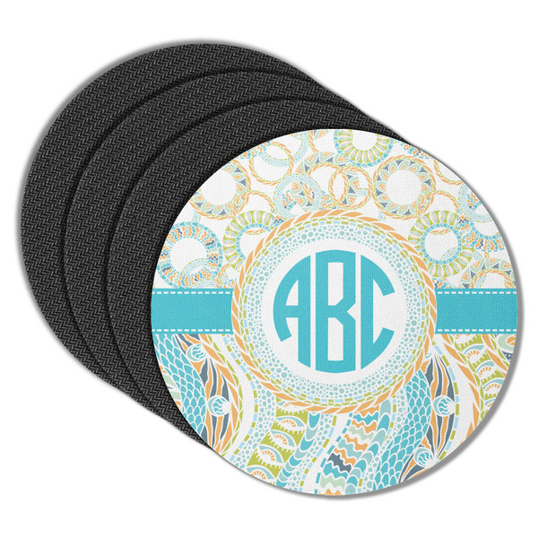 Custom Teal Circles & Stripes Round Rubber Backed Coasters - Set of 4 (Personalized)