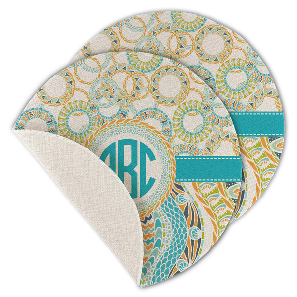 Custom Teal Circles & Stripes Round Linen Placemat - Single Sided - Set of 4 (Personalized)