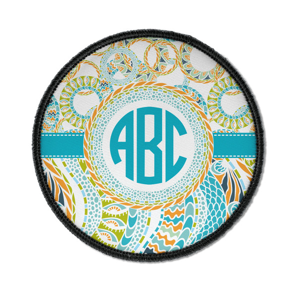 Custom Teal Circles & Stripes Iron On Round Patch w/ Monogram