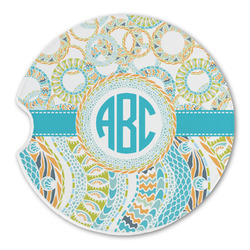 Teal Circles & Stripes Sandstone Car Coaster - Single (Personalized)