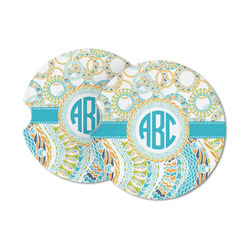 Teal Circles & Stripes Sandstone Car Coasters - Set of 2 (Personalized)