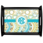 Teal Circles & Stripes Black Wooden Tray - Large (Personalized)