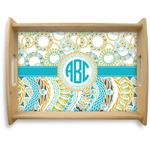 Teal Circles & Stripes Natural Wooden Tray - Large (Personalized)