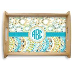Teal Circles & Stripes Natural Wooden Tray - Small (Personalized)