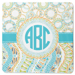Teal Circles & Stripes Square Rubber Backed Coaster (Personalized)