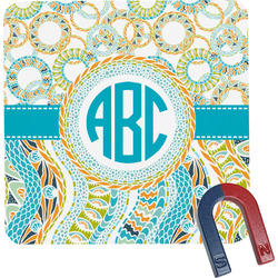 Teal Circles & Stripes Square Fridge Magnet w/ Monogram