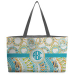 Teal Circles & Stripes Beach Totes Bag - w/ Black Handles (Personalized)