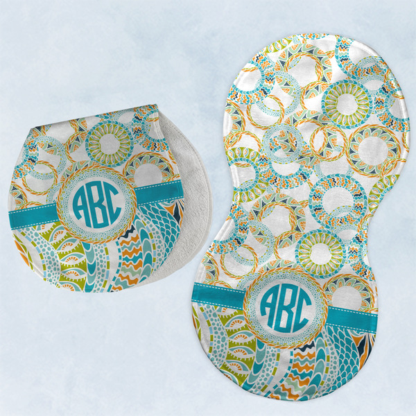 Custom Teal Circles & Stripes Burp Pads - Velour - Set of 2 w/ Monogram