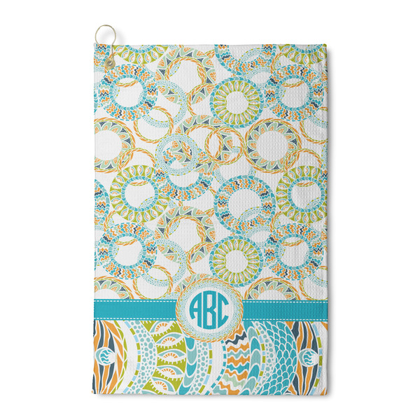 Custom Teal Circles & Stripes Waffle Weave Golf Towel (Personalized)