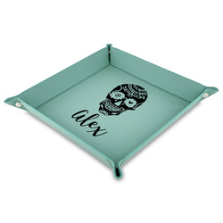 Sugar Skulls & Flowers 9" x 9" Teal Faux Leather Valet Tray (Personalized)