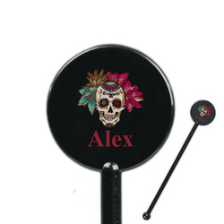 Sugar Skulls & Flowers 5.5" Round Plastic Stir Sticks - Black - Single Sided (Personalized)