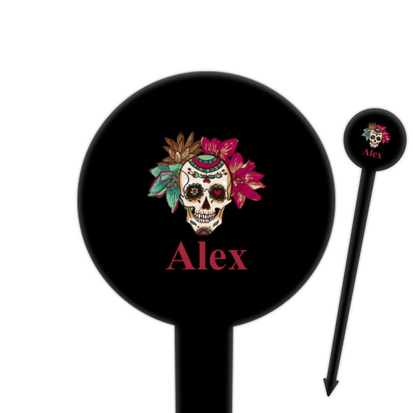 Custom Sugar Skulls & Flowers 6" Round Plastic Food Picks - Black - Single Sided (Personalized)