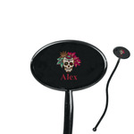 Sugar Skulls & Flowers 7" Oval Plastic Stir Sticks - Black - Single Sided (Personalized)