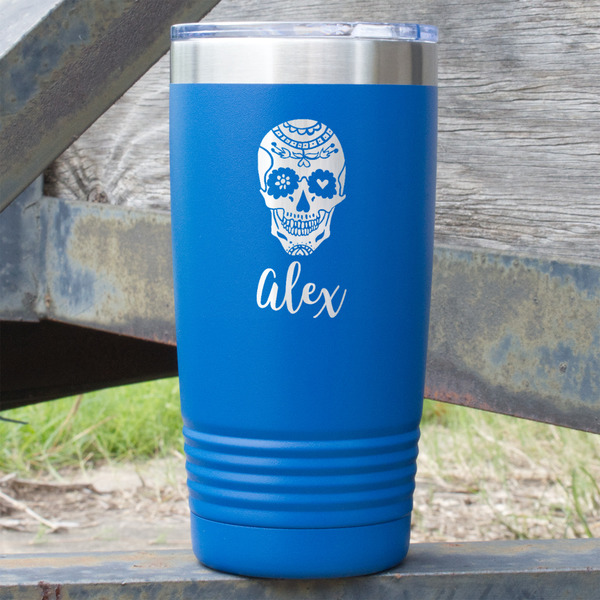Custom Sugar Skulls & Flowers 20 oz Stainless Steel Tumbler - Royal Blue - Double Sided (Personalized)