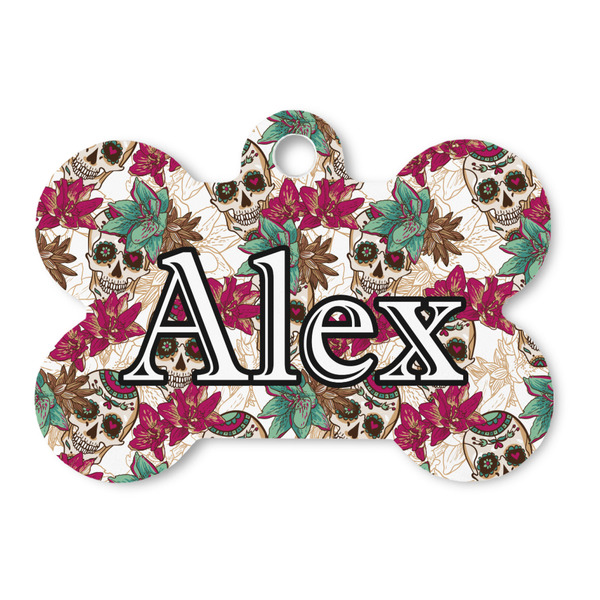 Custom Sugar Skulls & Flowers Bone Shaped Dog ID Tag (Personalized)