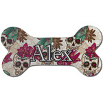 Sugar Skulls & Flowers Ceramic Dog Ornament - Front w/ Name and Initial