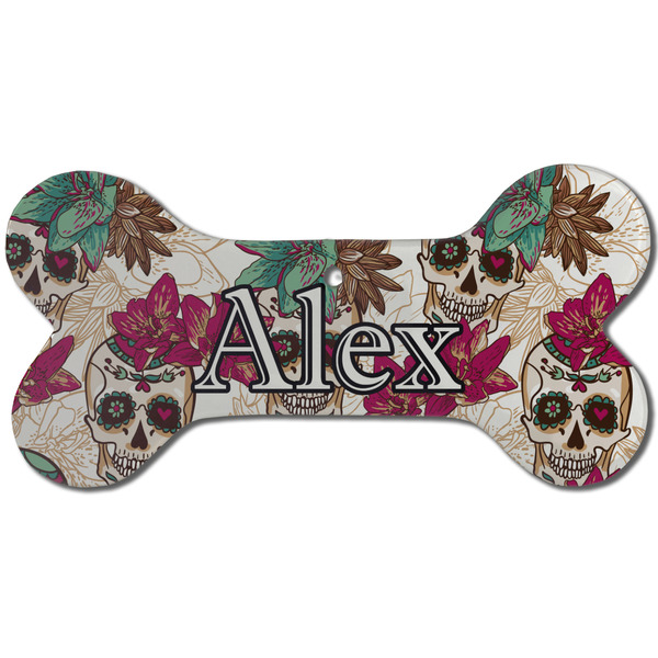 Custom Sugar Skulls & Flowers Ceramic Dog Ornament - Front w/ Name and Initial