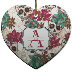 Sugar Skulls & Flowers Heart Ceramic Ornament w/ Name and Initial