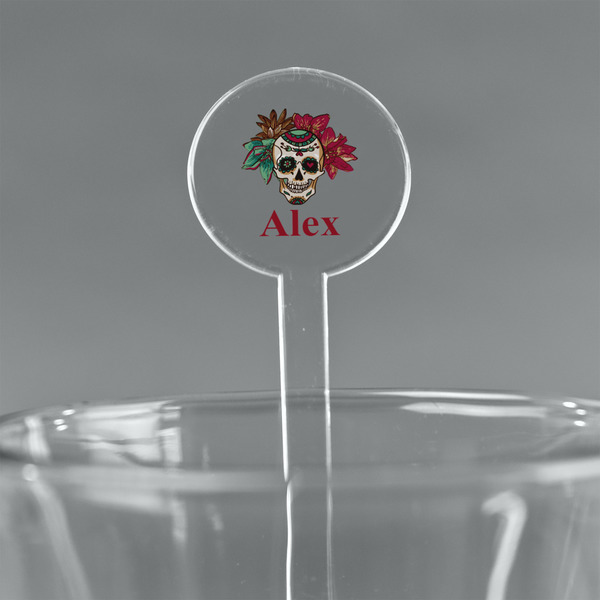 Custom Sugar Skulls & Flowers 7" Round Plastic Stir Sticks - Clear (Personalized)