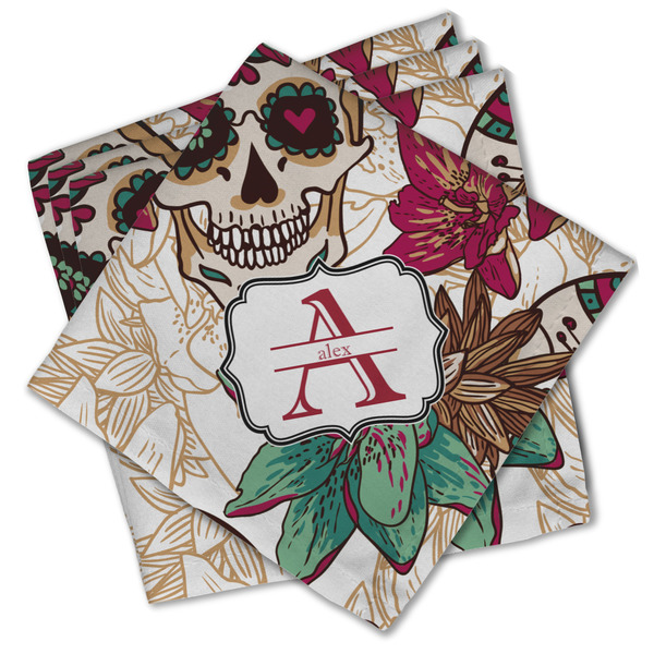 Custom Sugar Skulls & Flowers Cloth Cocktail Napkins - Set of 4 w/ Name and Initial