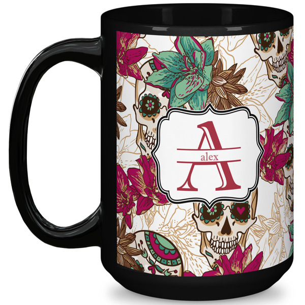 Custom Sugar Skulls & Flowers 15 Oz Coffee Mug - Black (Personalized)