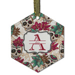 Sugar Skulls & Flowers Flat Glass Ornament - Hexagon w/ Name and Initial