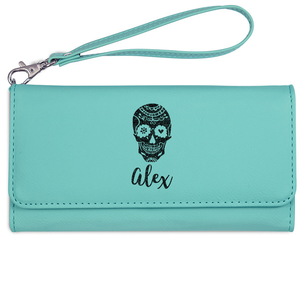 Custom Sugar Skulls & Flowers Ladies Leatherette Wallet - Laser Engraved- Teal (Personalized)