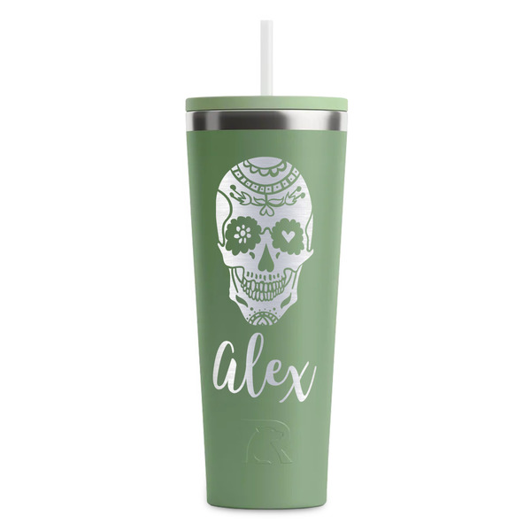 Custom Sugar Skulls & Flowers RTIC Everyday Tumbler with Straw - 28oz - Light Green - Double-Sided (Personalized)