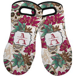 Sugar Skulls & Flowers Neoprene Oven Mitts - Set of 2 w/ Name and Initial