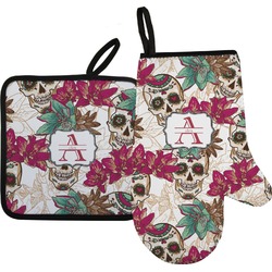 Sugar Skulls & Flowers Oven Mitt & Pot Holder Set w/ Name and Initial