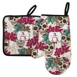 Sugar Skulls & Flowers Left Oven Mitt & Pot Holder Set w/ Name and Initial