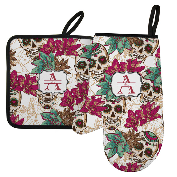 Custom Sugar Skulls & Flowers Left Oven Mitt & Pot Holder Set w/ Name and Initial